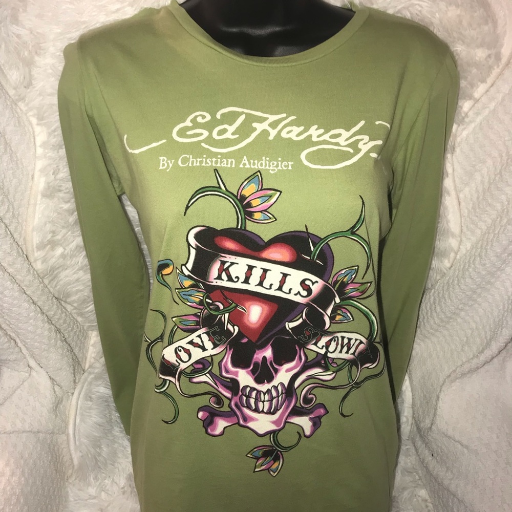 Green long sleeve ed hardy skull t shirt